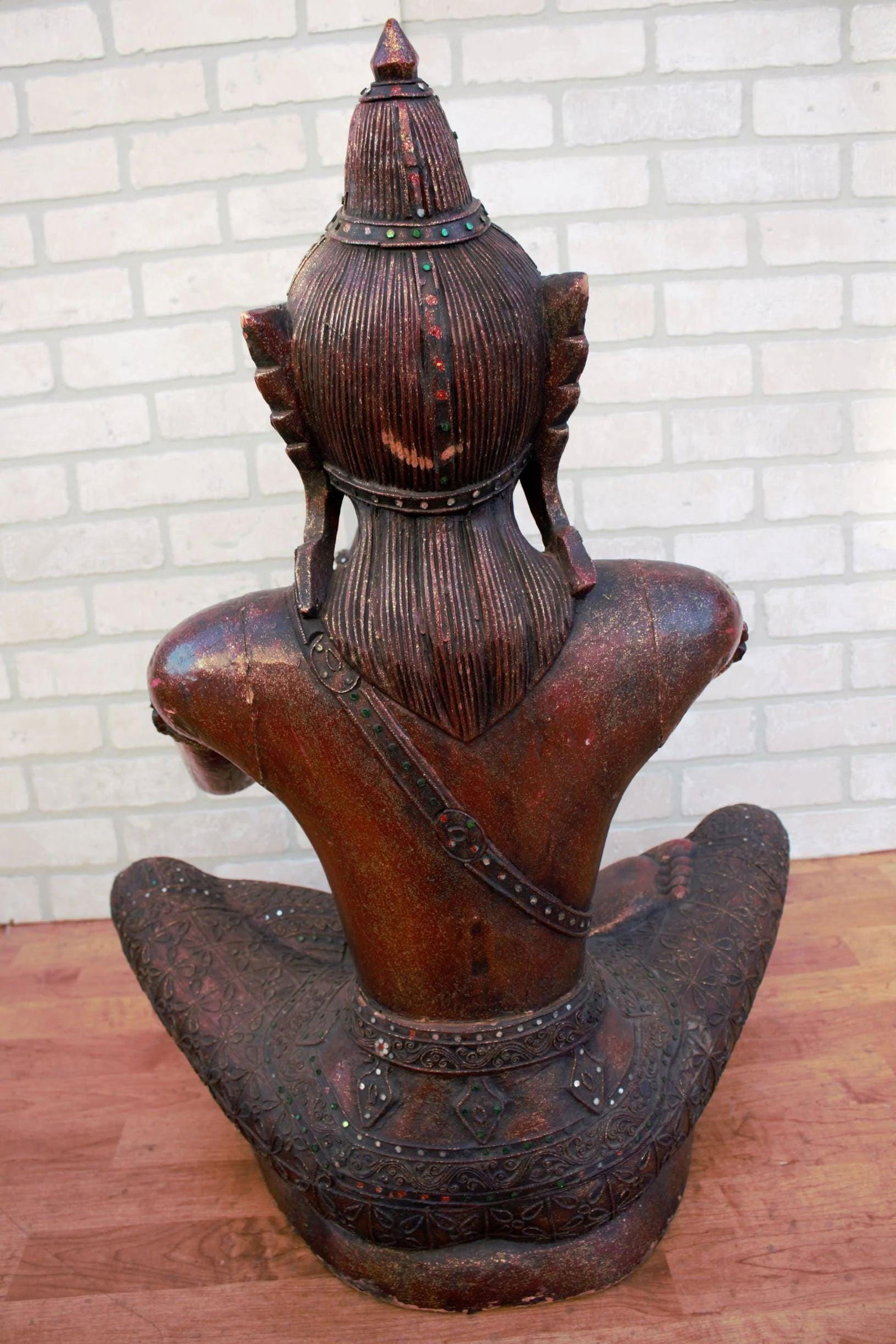Antique Thai Carved Seated Buddha Playing a Flute - 7