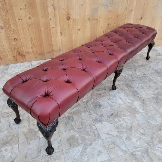 Antique Chippendale Style Carved Mahogany Tufted Hall/Dining Bench Newly Reupholstered - Pair - 3