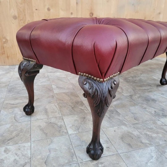 Antique Chippendale Style Carved Mahogany Tufted Hall/Dining Bench Newly Reupholstered - Pair - 8