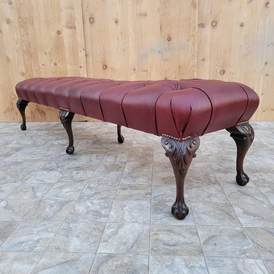 Antique Chippendale Style Carved Mahogany Tufted Hall/Dining Bench Newly Reupholstered - Pair - 9