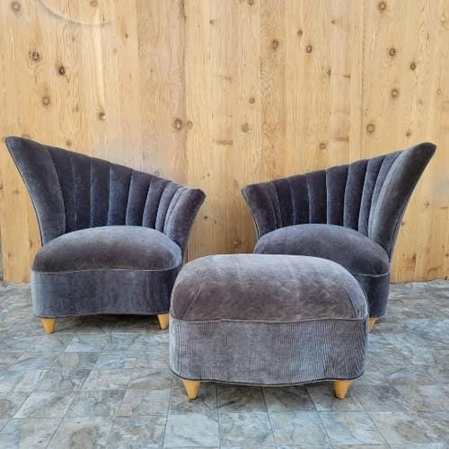 Art Deco Asymmetrical Channel Fan Back Lounge Chairs and Ottoman Newly Reupholstered - 3 Piece Set - 2