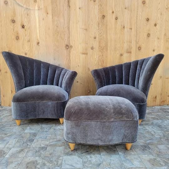 Art Deco Asymmetrical Channel Fan Back Lounge Chairs and Ottoman Newly Reupholstered - 3 Piece Set - 3