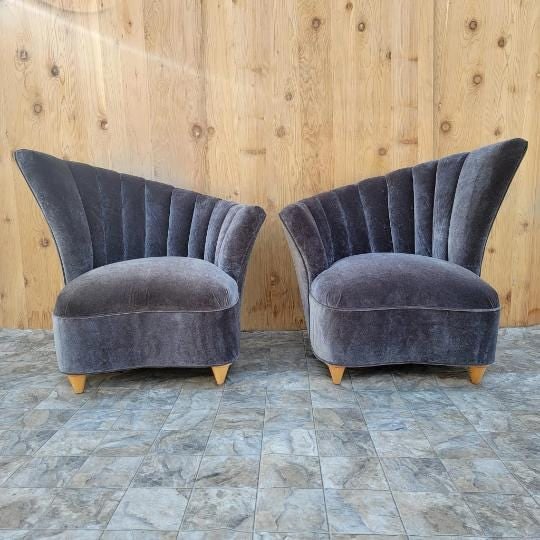 Art Deco Asymmetrical Channel Fan Back Lounge Chairs and Ottoman Newly Reupholstered - 3 Piece Set - 6