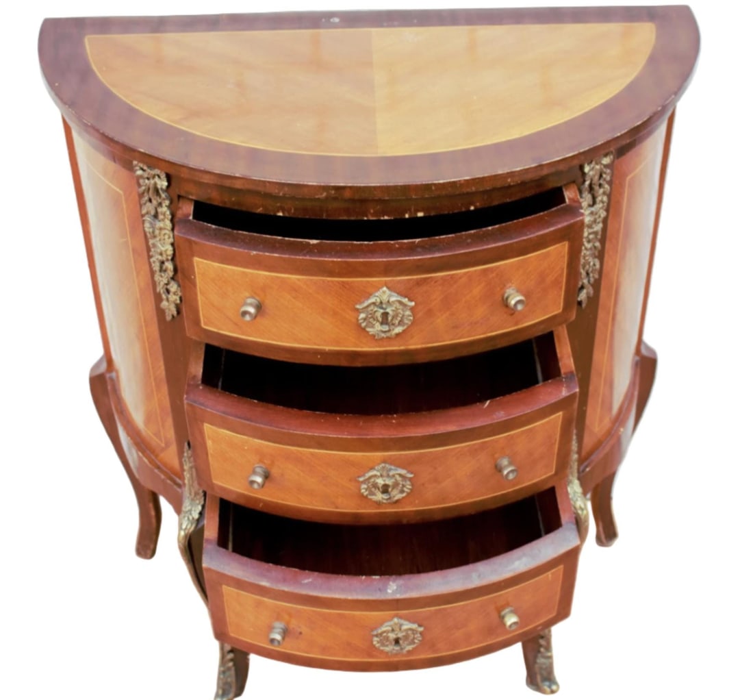 Vintage French Louis XVI Style 3-Drawer Marquetry Ormolu Cabinet - 2