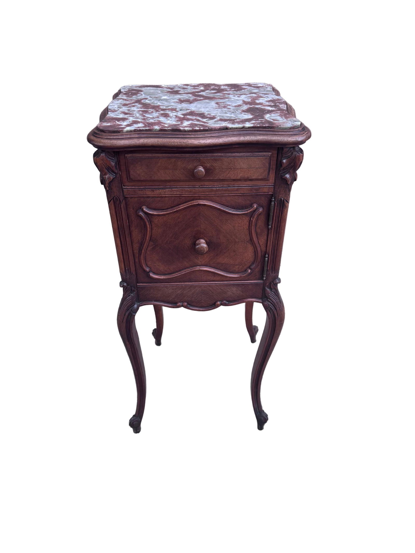 Antique French Louis XV Style Marble Top Humidor Smoking Storage Table: Title: Antique French Louis XV Style Marble Top Humidor Smoking Storage Table Description: Antique French Louis XV Style Marble Top Smoking Stand/Night Stand/End Table The cabinet has a carved