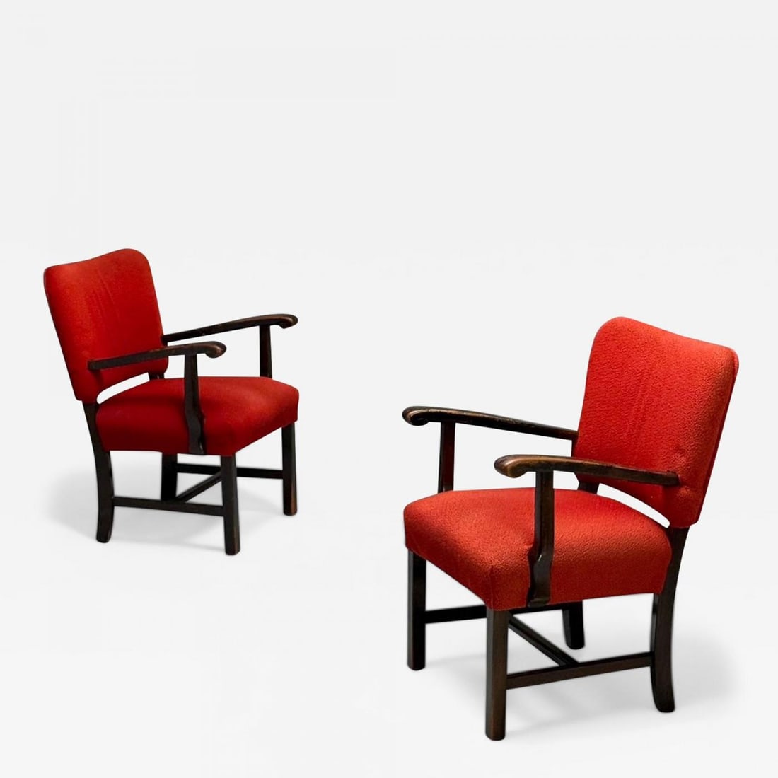 French Mid-Century Modern, Occasional Arm Chairs, Wood, Boucle, France, 1980s: Title: French Mid-Century Modern, Occasional Arm Chairs, Wood, Boucle, France, 1980s Description: French Mid-Century Modern, Occasional Arm Chairs, Wood, Red Boucle, France, 1980s A pair of 20th-centu