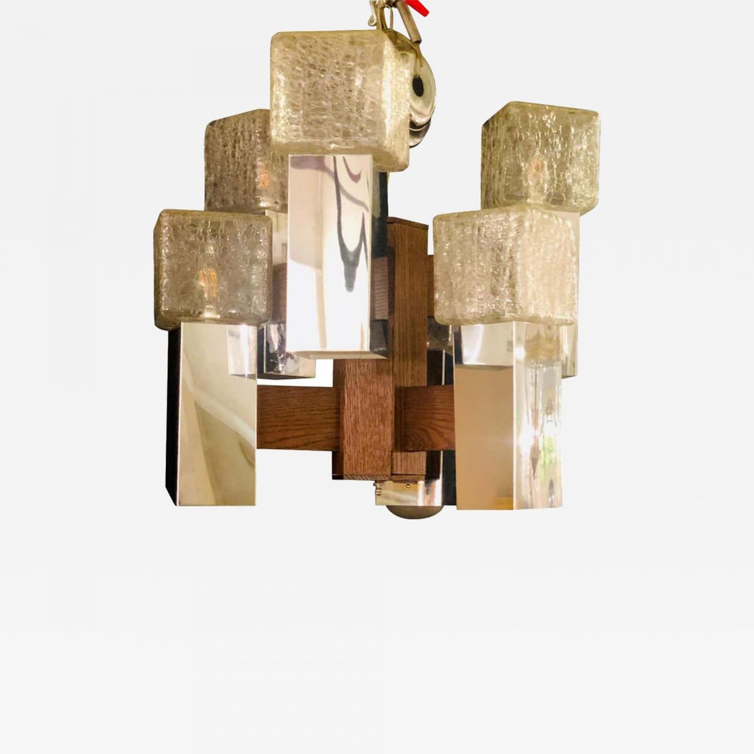 Art Deco Style Glass and Burl Wood Chandelier with 12 Lights and 2 Tier: Title: Art Deco Style Glass and Burl Wood Chandelier with 12 Lights and 2 Tier Description: Art Deco Style Glass and Burl Wood Chandelier with 12 Lights and 2 Tier. The boxed crackled glass cubes on