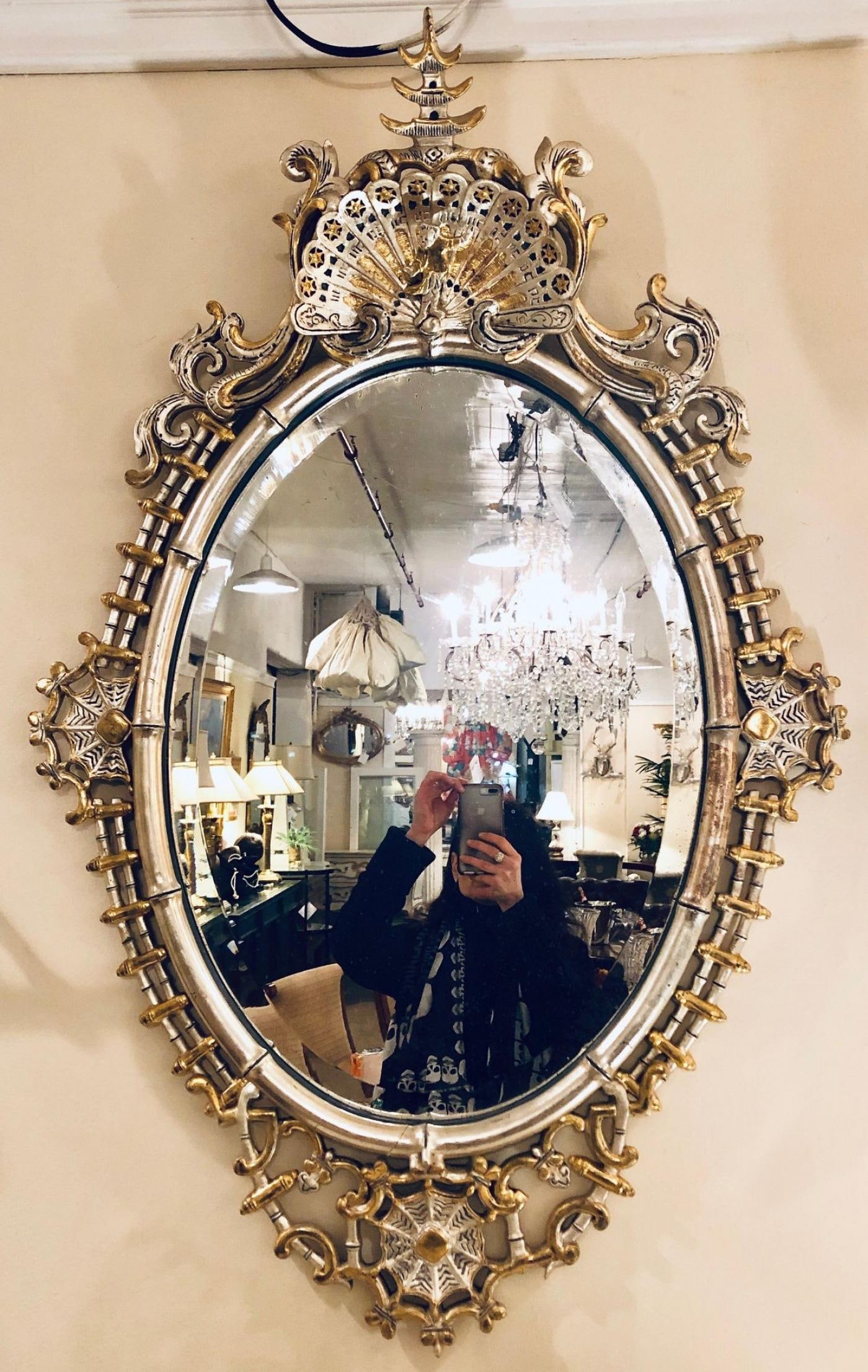 Silver and Gold Leaf Decorator Wall Mirror Having a Web Design and Dancing Bear - 7