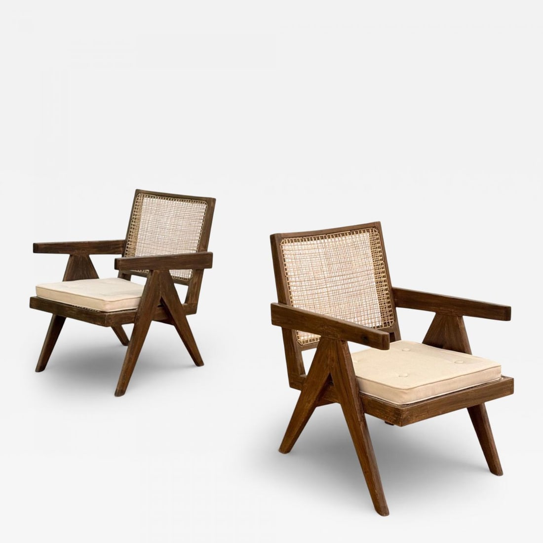 Pierre Jeanneret, Teak, Cane, Low Easy Chairs, Chandigarh, India c. 1960s (1 of 13)