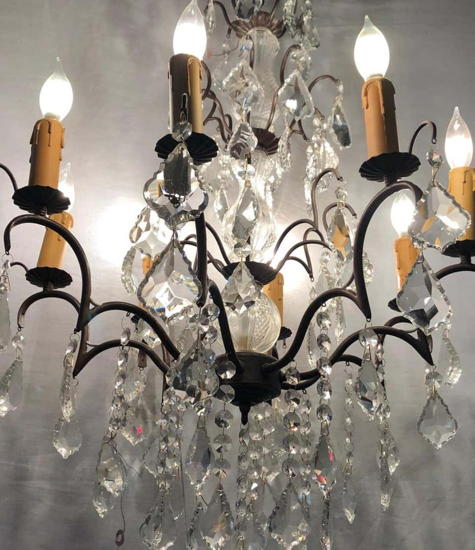 Copper Designed Metal and Crystal Chandelier with Centre Cut Glass Column - 10