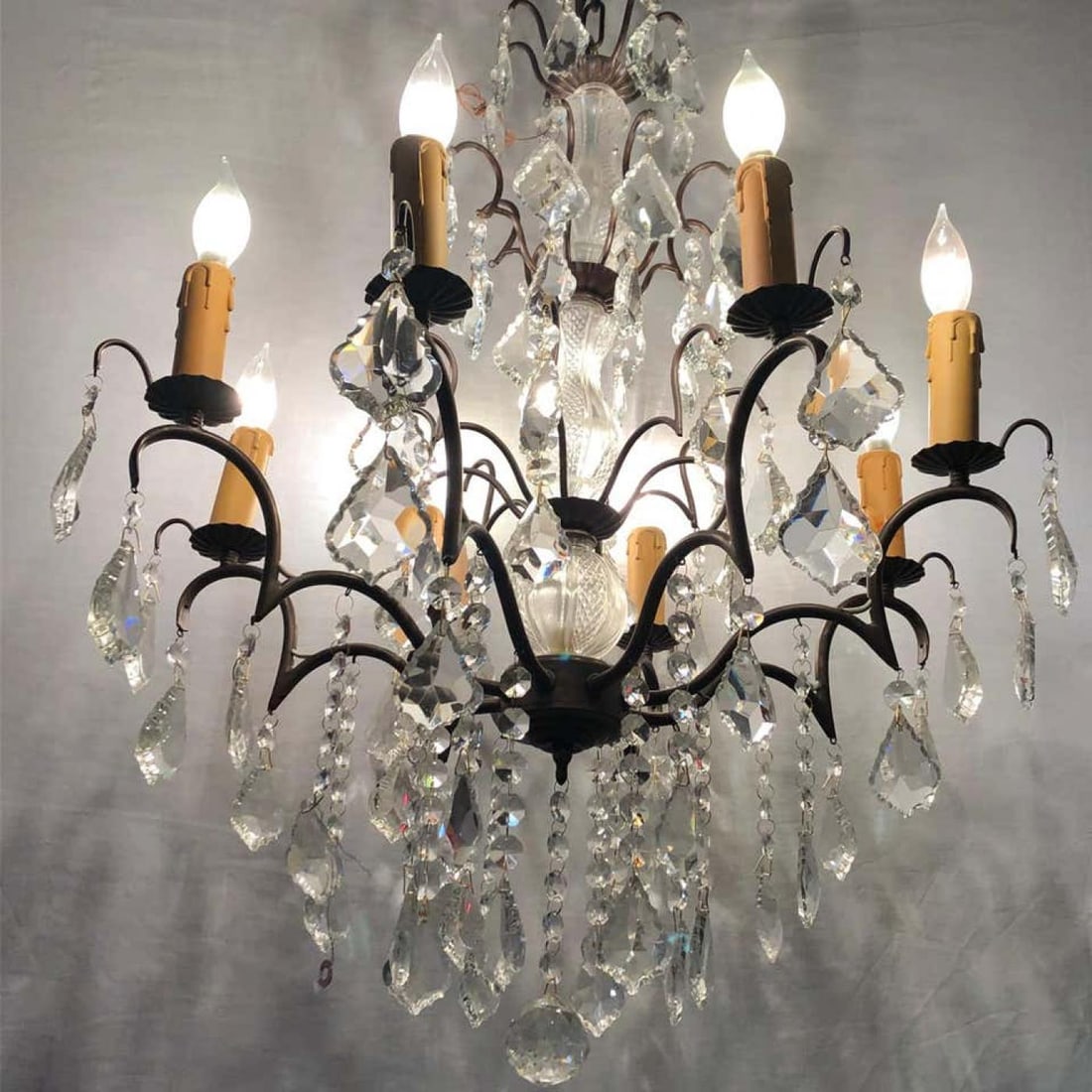 Copper Designed Metal and Crystal Chandelier with Centre Cut Glass Column - 12