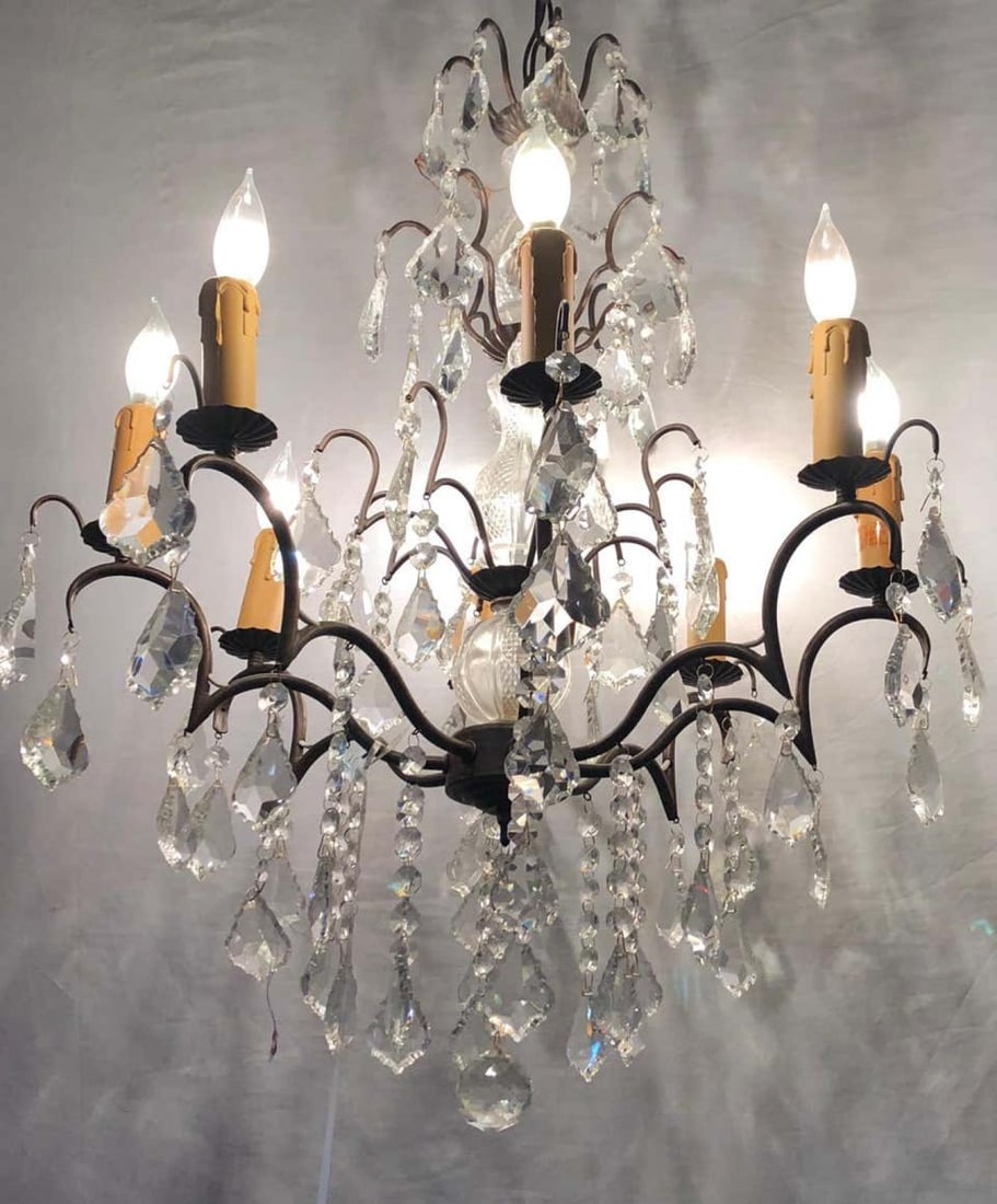 Copper Designed Metal and Crystal Chandelier with Centre Cut Glass Column - 13