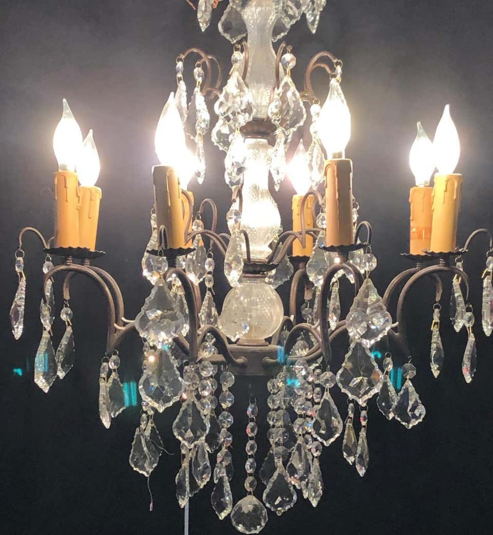 Copper Designed Metal and Crystal Chandelier with Centre Cut Glass Column - 5