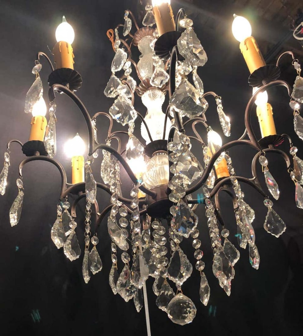 Copper Designed Metal and Crystal Chandelier with Centre Cut Glass Column - 7