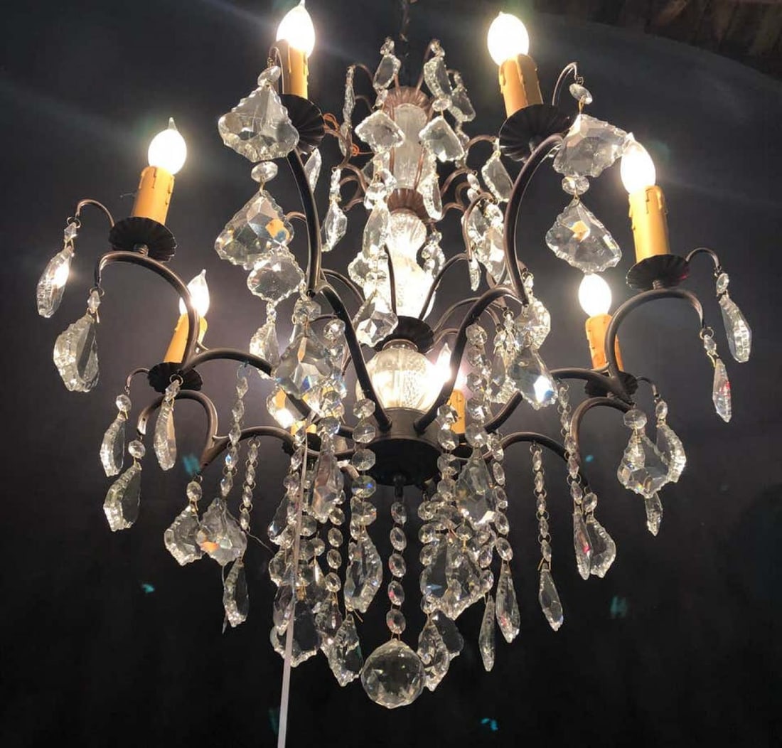 Copper Designed Metal and Crystal Chandelier with Centre Cut Glass Column - 9