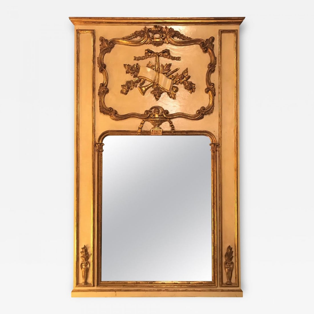 Louis XVI Style Painted & Parcel-Gilt Trumeau Console / Mantle Mirror: Title: Louis XVI Style Painted & Parcel-Gilt Trumeau Console / Mantle Mirror Description: French Louis XVI style painted and parcel-gilt trumeau mirror. This wonderfully carved mirror can be used as a