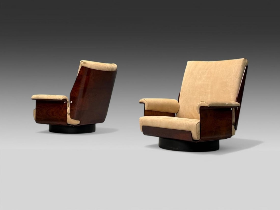 Bernard Brunier, French Mid-Century Modern, Rosewood, Suede, Low Lounge Chairs - 3