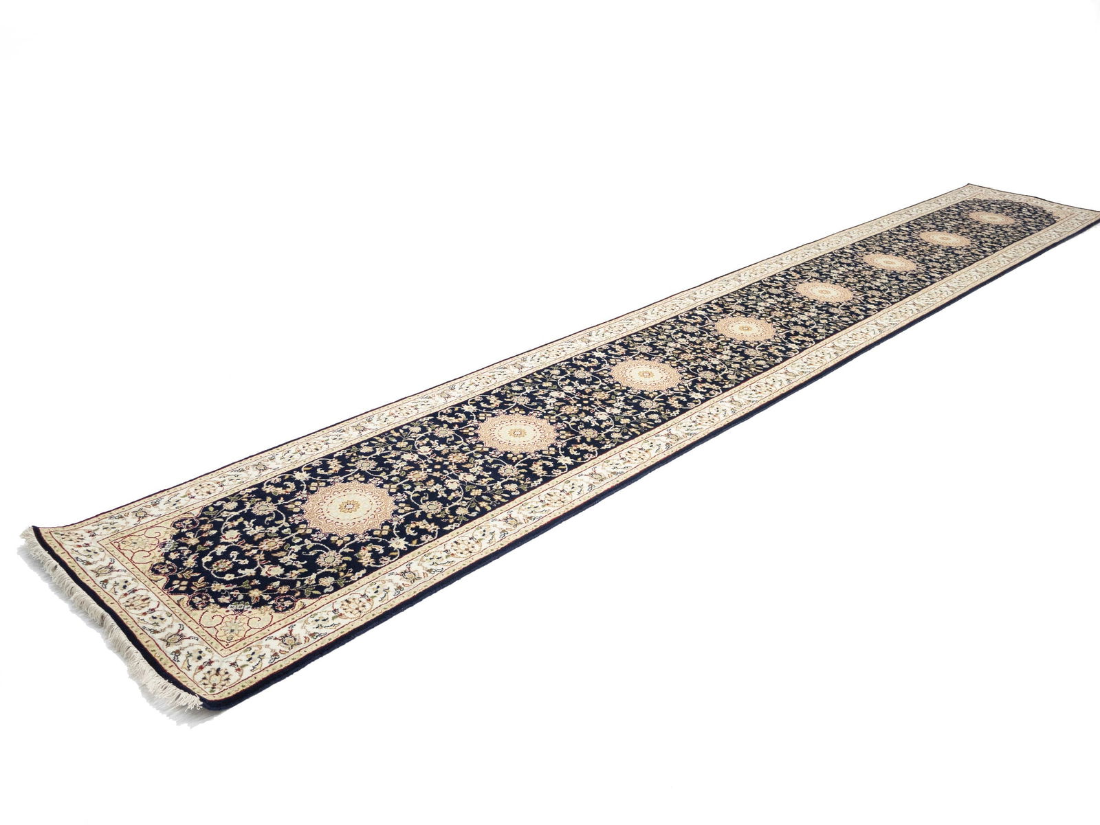 Dark Navy Floral 3X18 Indo-Nain Oriental Runner Rug - 5