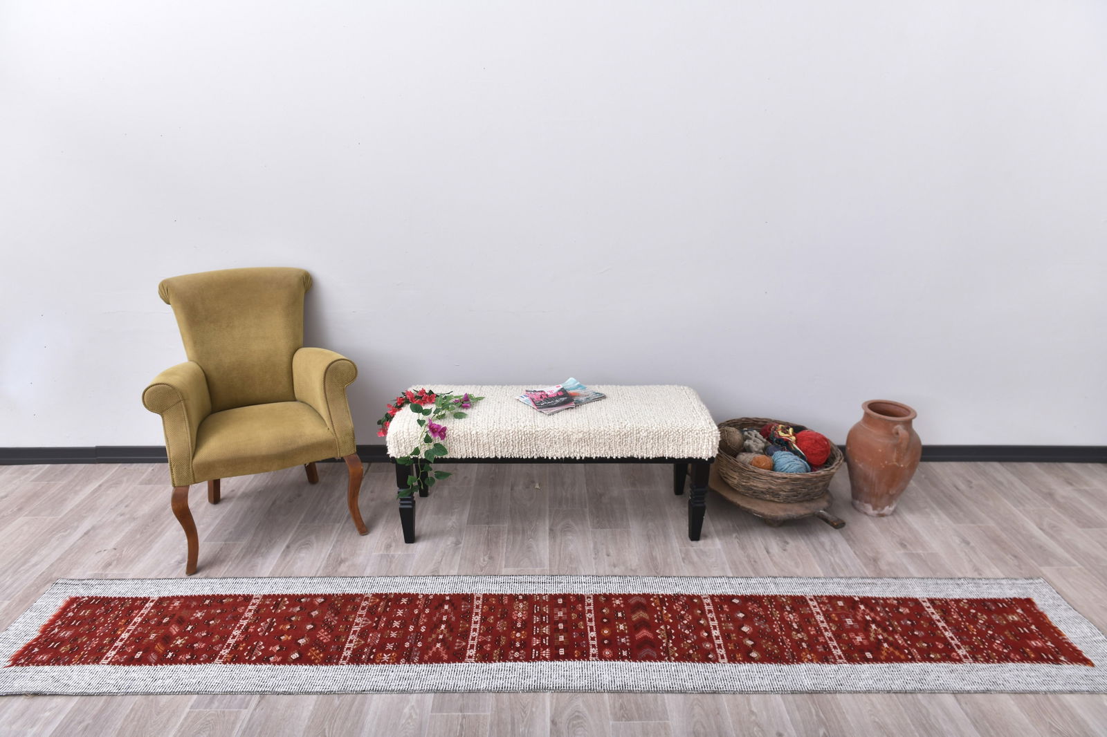 1'10'' x 11'7'' Turkish Flatweave Kilim Rug - 60976: Title: 1'10'' x 11'7'' Turkish Flatweave Kilim Rug - 60976 Description:1'10'' x 11'7'' Turkish Flatweave Kilim Rug - 60976 Origin:Turkiye Date/Period:1960-90 Materials:Wool,Cotton Dimension:1'10''x11'