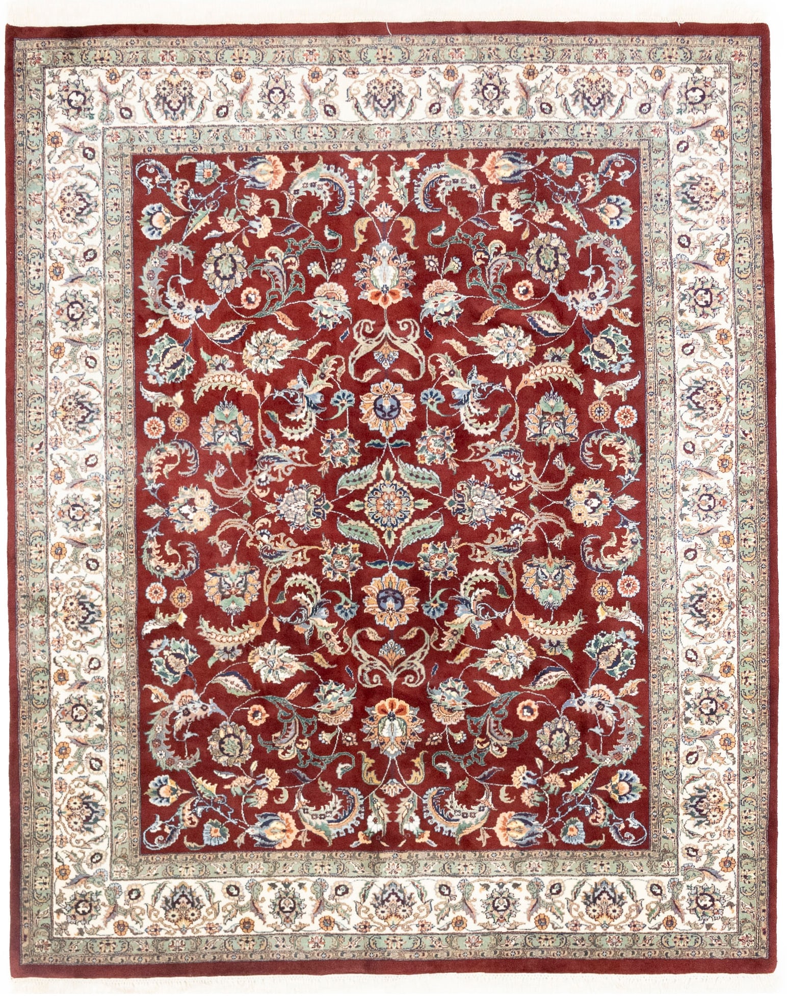 Maroon Red Floral 8X10 Indo-Kashan Oriental Rug: Title: Maroon Red Floral 8X10 Indo-Kashan Oriental Rug Description:Hand Knotted 8X10 maroon red oriental rug made with natural dyes (fine wool pile and cotton foundation), superior knot count, and app