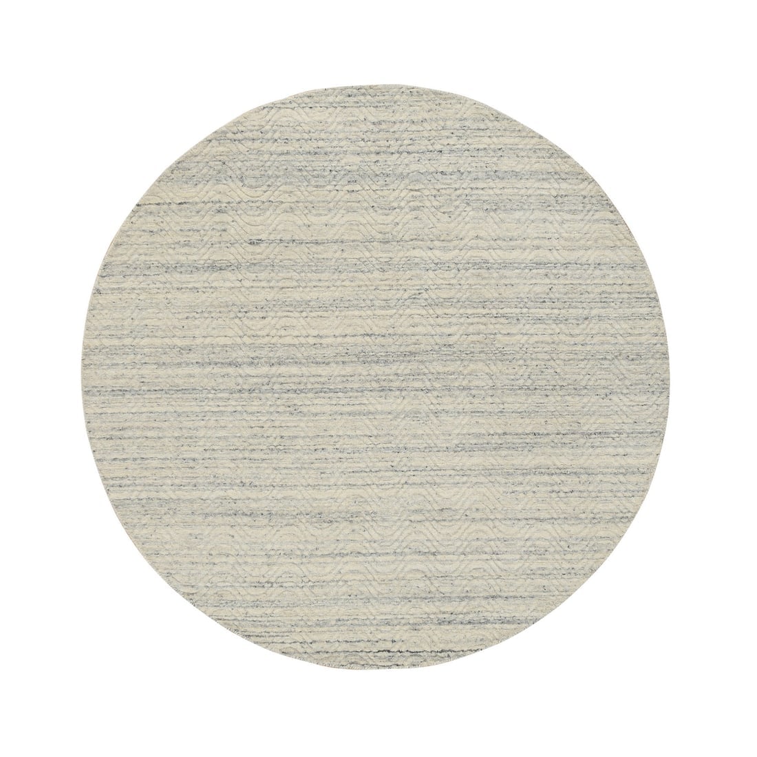 Beige, Variegated Textured Modern Design, Hand Loomed Wool, Round Rug: Title: Beige, Variegated Textured Modern Design, Hand Loomed Wool, Round Rug Description: This is a truly genuine one-of-a-kind. It has been Knotted for months and months in the centuries-old weaving