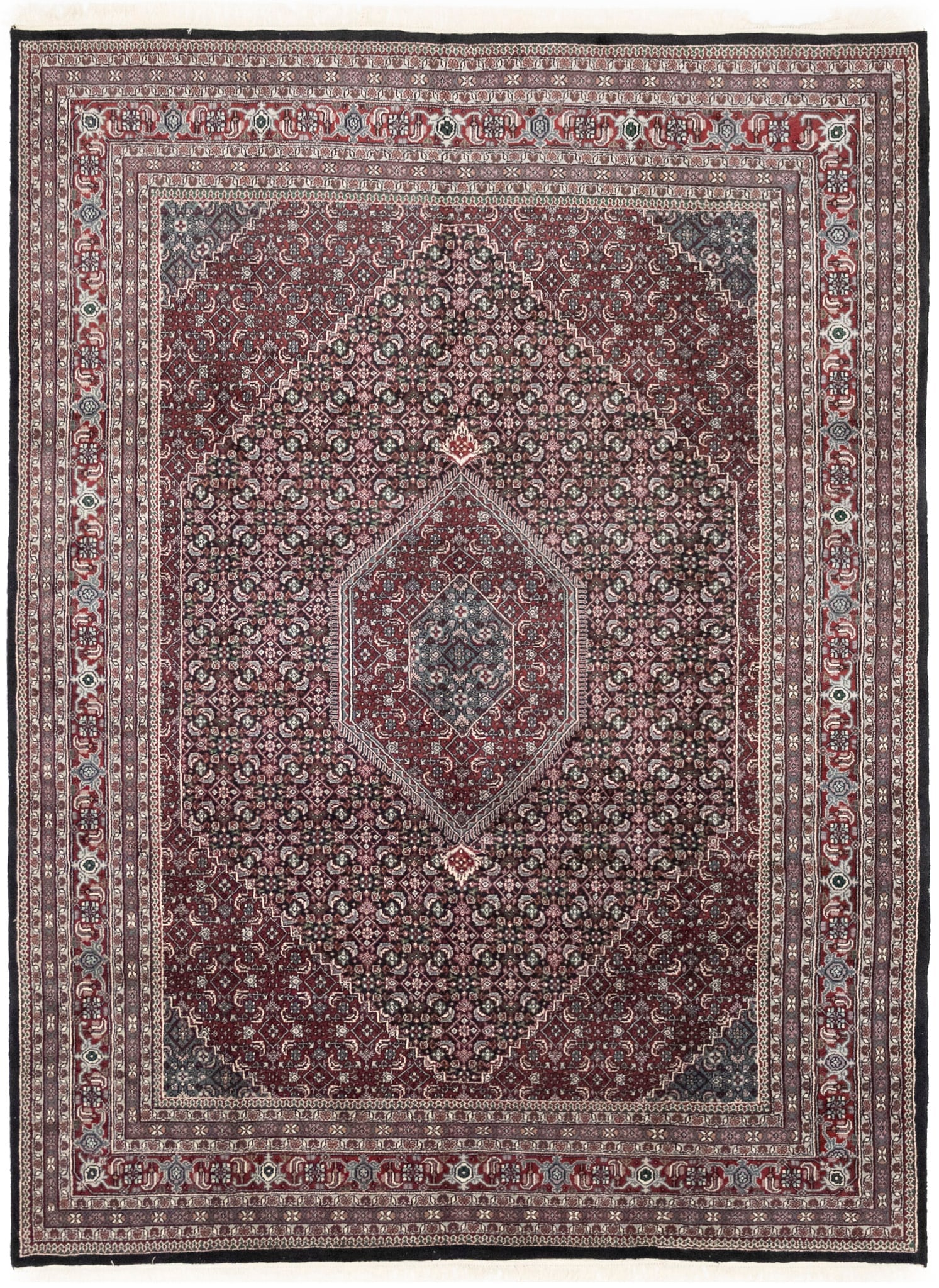 Black Floral Tribal 9X12 Indo-Bidjar Oriental Rug: Title: Black Floral Tribal 9X12 Indo-Bidjar Oriental Rug Description:Hand Knotted 9X12 black oriental rug made with natural dyes (fine wool pile and cotton foundation), superior knot count, and appeal