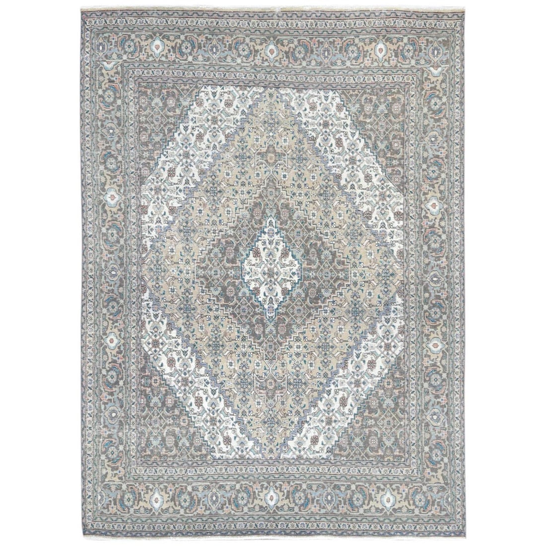 Ivory Hand Knotted Old Persian Tabriz Sheared Low Distressed Look Rug: Title: Ivory Hand Knotted Old Persian Tabriz Sheared Low Distressed Look Rug Description: This is a truly genuine one-of-a-kind. It has been Knotted for months and months in the centuries-old weaving