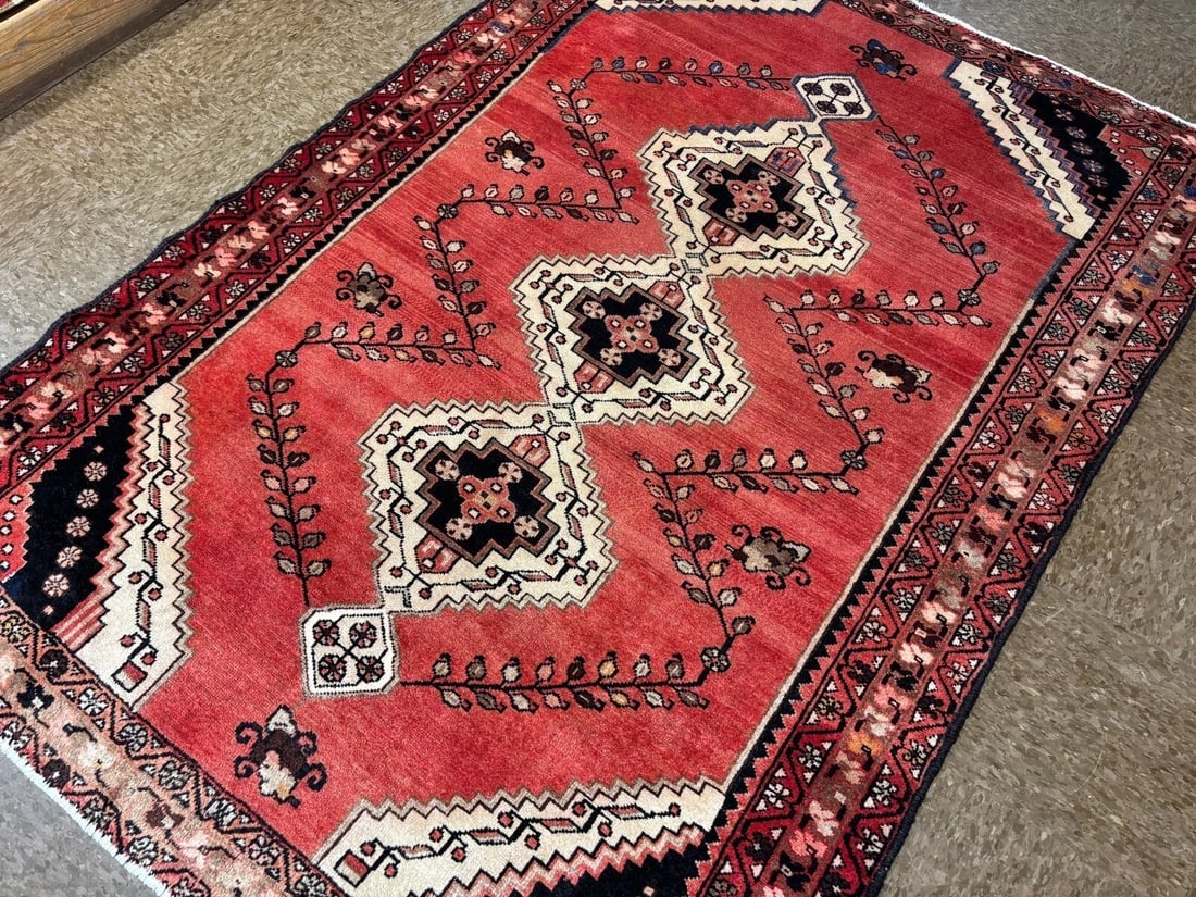 Hand Knotted Persian Saveh Red Geometric Wool Vintage Oriental Area Rug 4'7" x 6'6" - 6