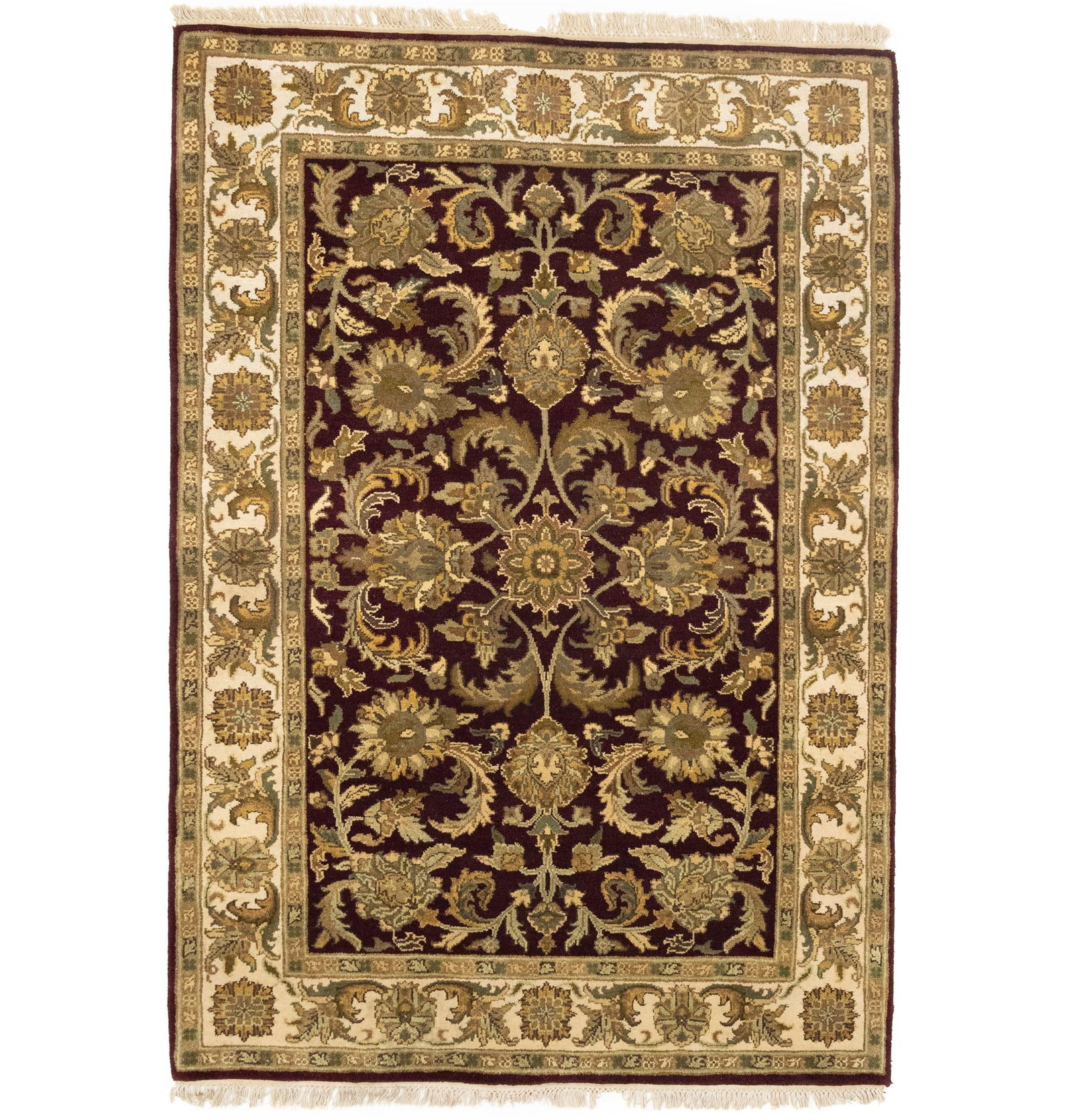 Burgundy Floral Classic 4X6 Agra Jaipur Oriental Rug: Title: Burgundy Floral Classic 4X6 Agra Jaipur Oriental Rug Description:Handmade 4X6 burgundy oriental rug made with vegetable dyes (fine wool pile and cotton foundation), exceptional knot count, and