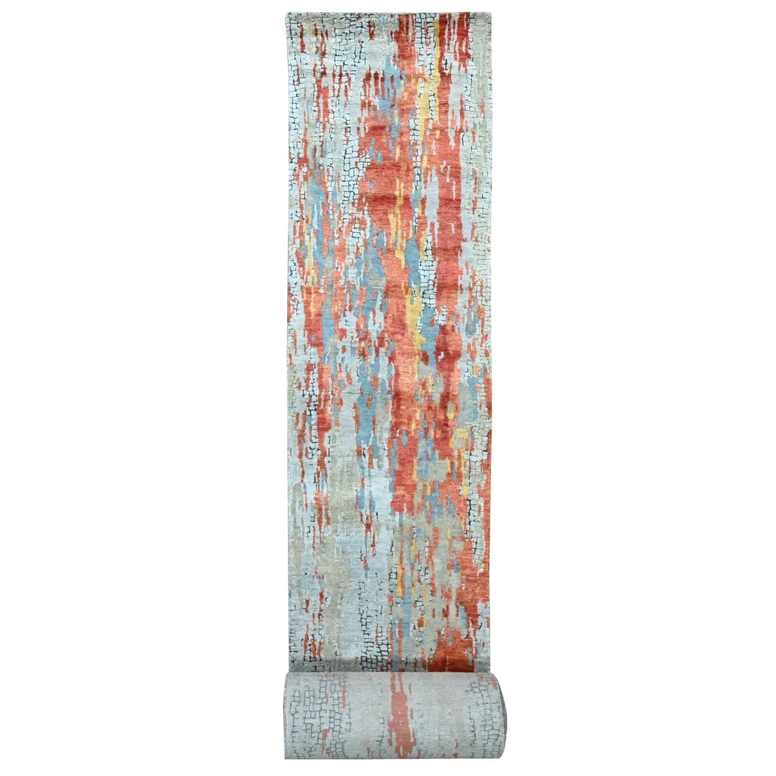 Orange Abstract Mosaic Design Hand Knotted Wool and Silk Runner Rug: Title: Orange Abstract Mosaic Design Hand Knotted Wool and Silk Runner Rug Description: This is a truly genuine one-of-a-kind. It has been Knotted for months and months in the centuries-old weaving cr