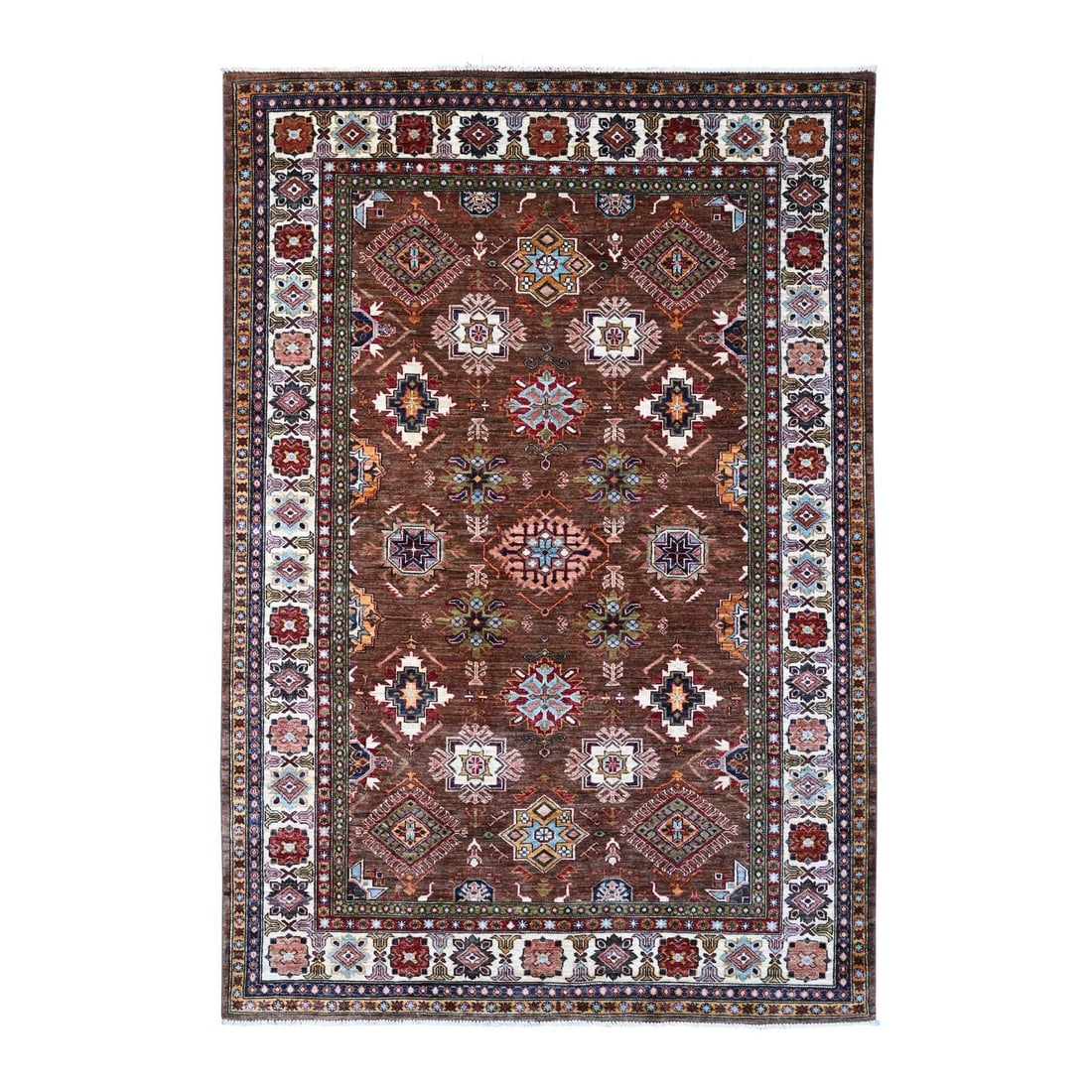 Sepia Brown Hand Knotted Geometric Pattern Super Kazak Oriental Rug: Title: Sepia Brown Hand Knotted Geometric Pattern Super Kazak Oriental Rug Description: This is a truly genuine one-of-a-kind. It has been Knotted for months and months in the centuries-old weaving cr