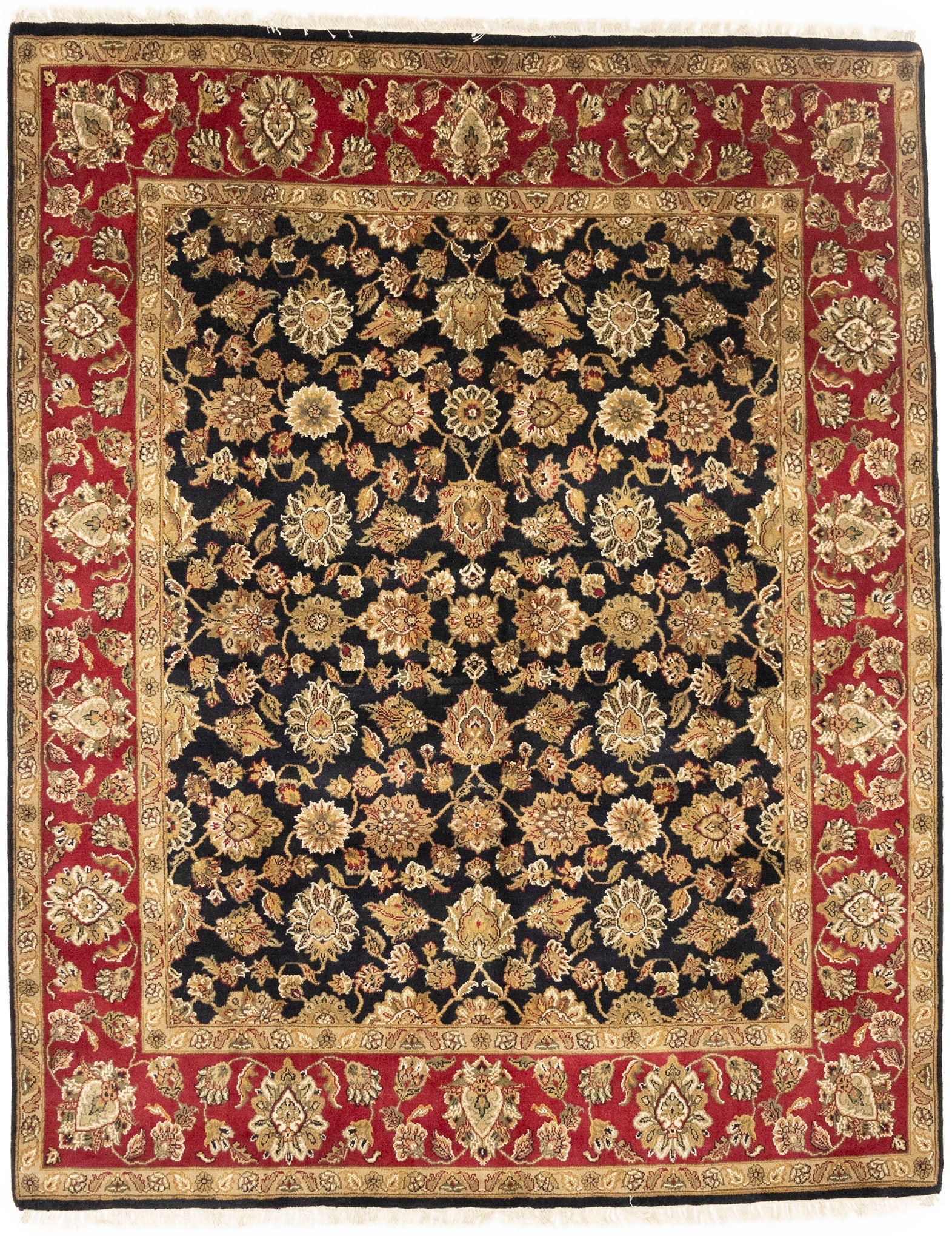 Black Floral Classic 8X10 Agra Jaipur Oriental Rug: Title: Black Floral Classic 8X10 Agra Jaipur Oriental Rug Description:Handmade 8X10 black oriental rug made with vegetable dyes (fine wool pile and cotton foundation), exceptional knot count, and appe
