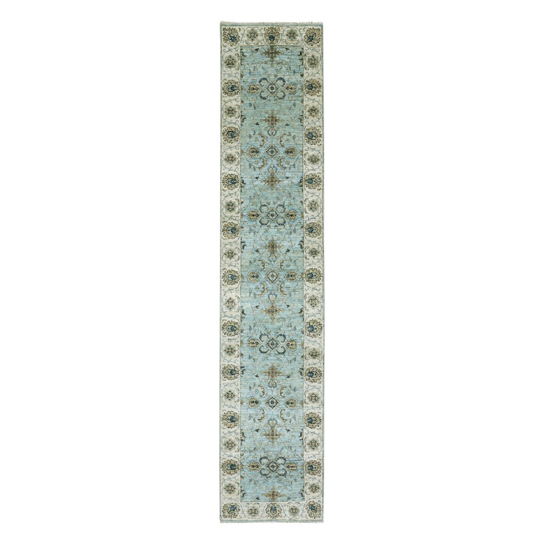 Periwinkle Blue Wool Shah Abbas Design Hand Knotted Floral Runner Rug: Title: Periwinkle Blue Wool Shah Abbas Design Hand Knotted Floral Runner Rug Description: This is a truly genuine one-of-a-kind. It has been Knotted for months and months in the centuries-old weaving