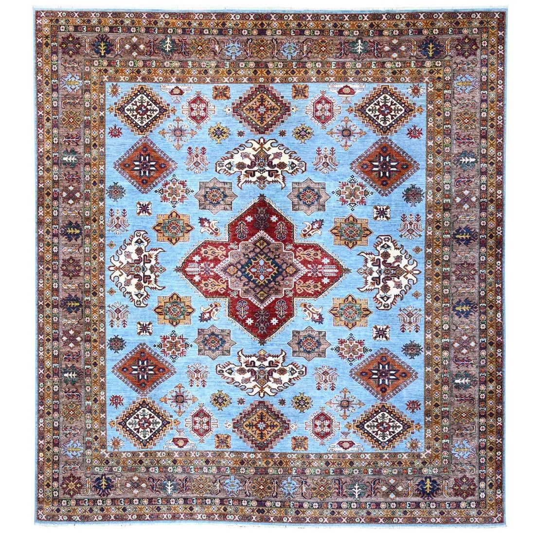 Skye Blue Hand Knotted Wool Super Kazak All Over Motifs Oriental Rug: Title: Skye Blue Hand Knotted Wool Super Kazak All Over Motifs Oriental Rug Description: This is a truly genuine one-of-a-kind. It has been Knotted for months and months in the centuries-old weaving c