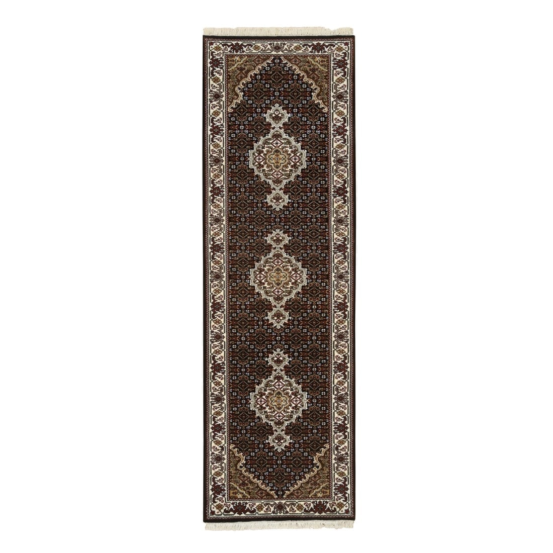 Black Tabriz Mahi 175 KPSI Pure Wool Hand Knotted Runner Rug: Title: Black Tabriz Mahi 175 KPSI Pure Wool Hand Knotted Runner Rug Description: This is a truly genuine one-of-a-kind. It has been Knotted for months and months in the centuries-old weaving craftsman