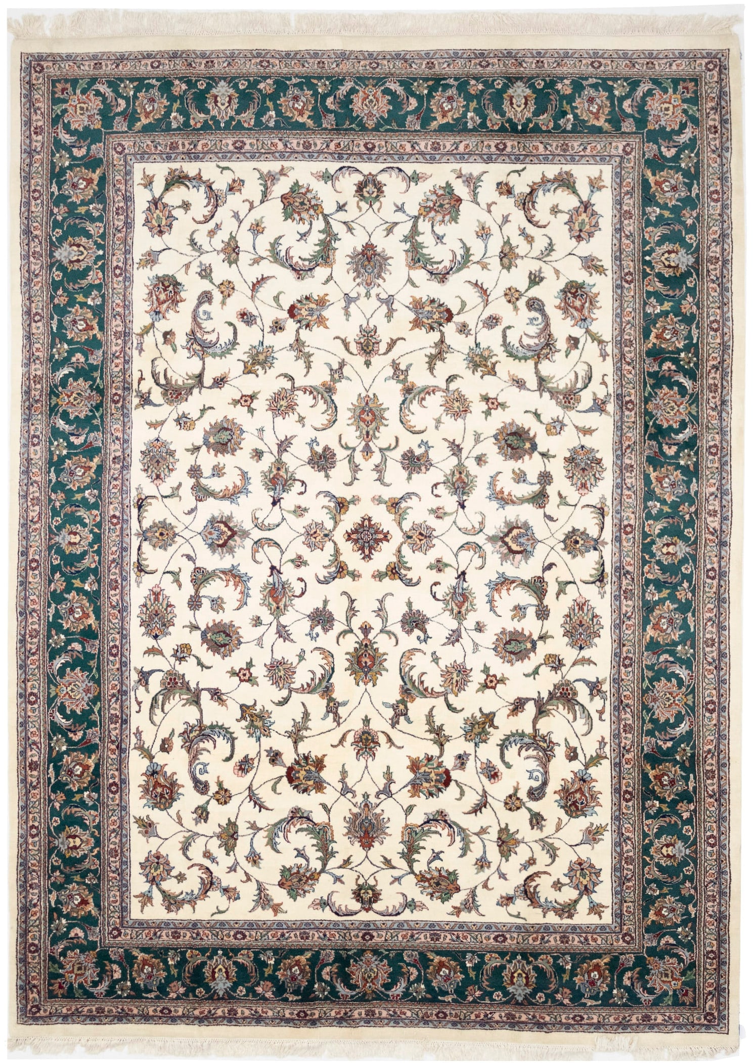 Cream Floral 9X12 Indo-Kashan Oriental Rug: Title: Cream Floral 9X12 Indo-Kashan Oriental Rug Description:Hand Knotted 9X12 cream oriental rug made with natural dyes (fine wool pile and cotton foundation), superior knot count, and appealing anc