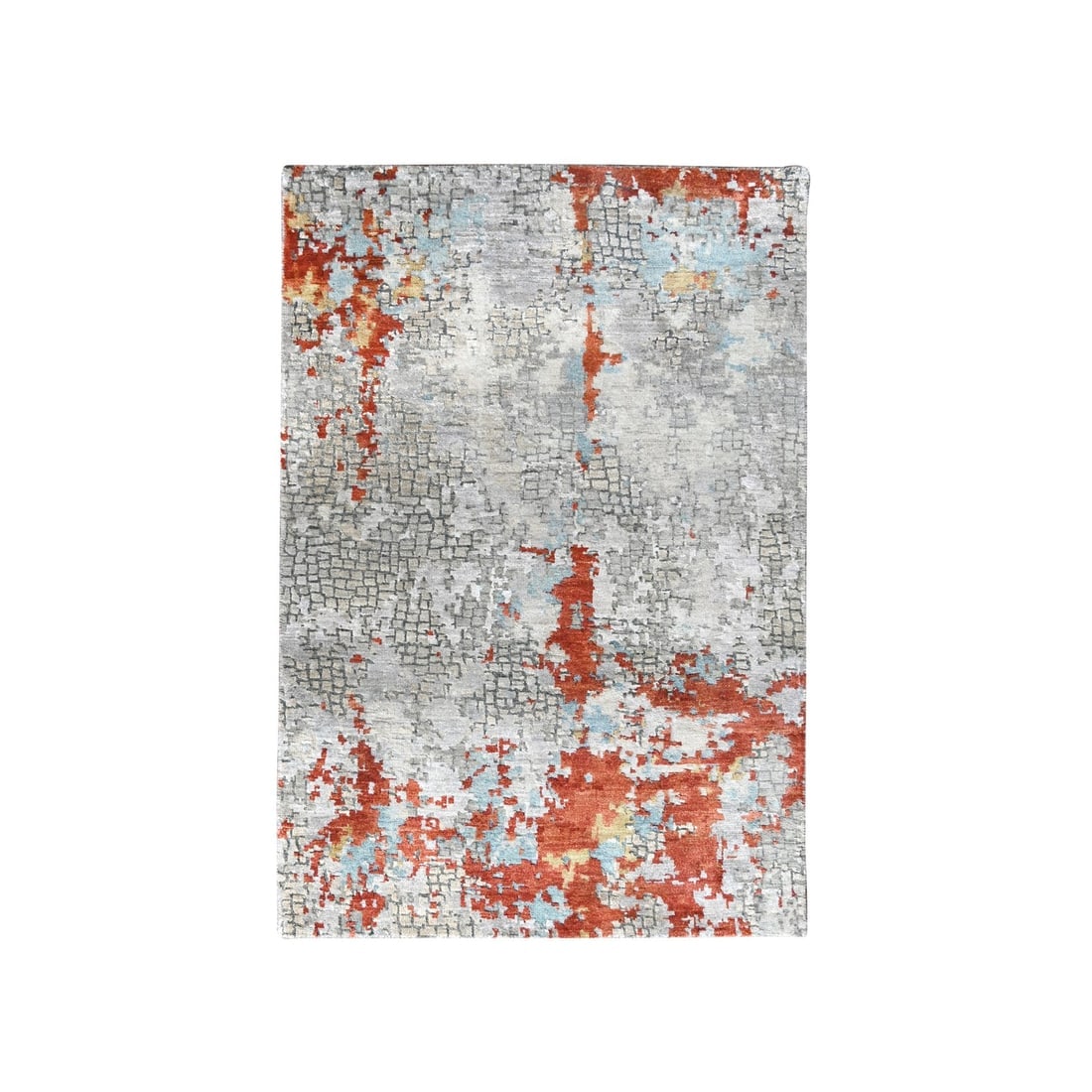 Gainsboro Gray Wool And Silk Hand Knotted Fire Mosaic Design Rug: Title: Gainsboro Gray Wool And Silk Hand Knotted Fire Mosaic Design Rug Description: This is a truly genuine one-of-a-kind. It has been Knotted for months and months in the centuries-old weaving craft