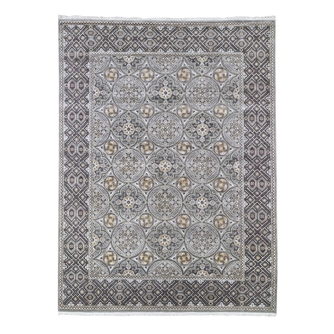 Textured Wool and Silk Mughal Inspired Medallions Design Hand Made Rug: Title: Textured Wool and Silk Mughal Inspired Medallions Design Hand Made Rug Description: This is a truly genuine one-of-a-kind. It has been Knotted for months and months in the centuries-old weaving