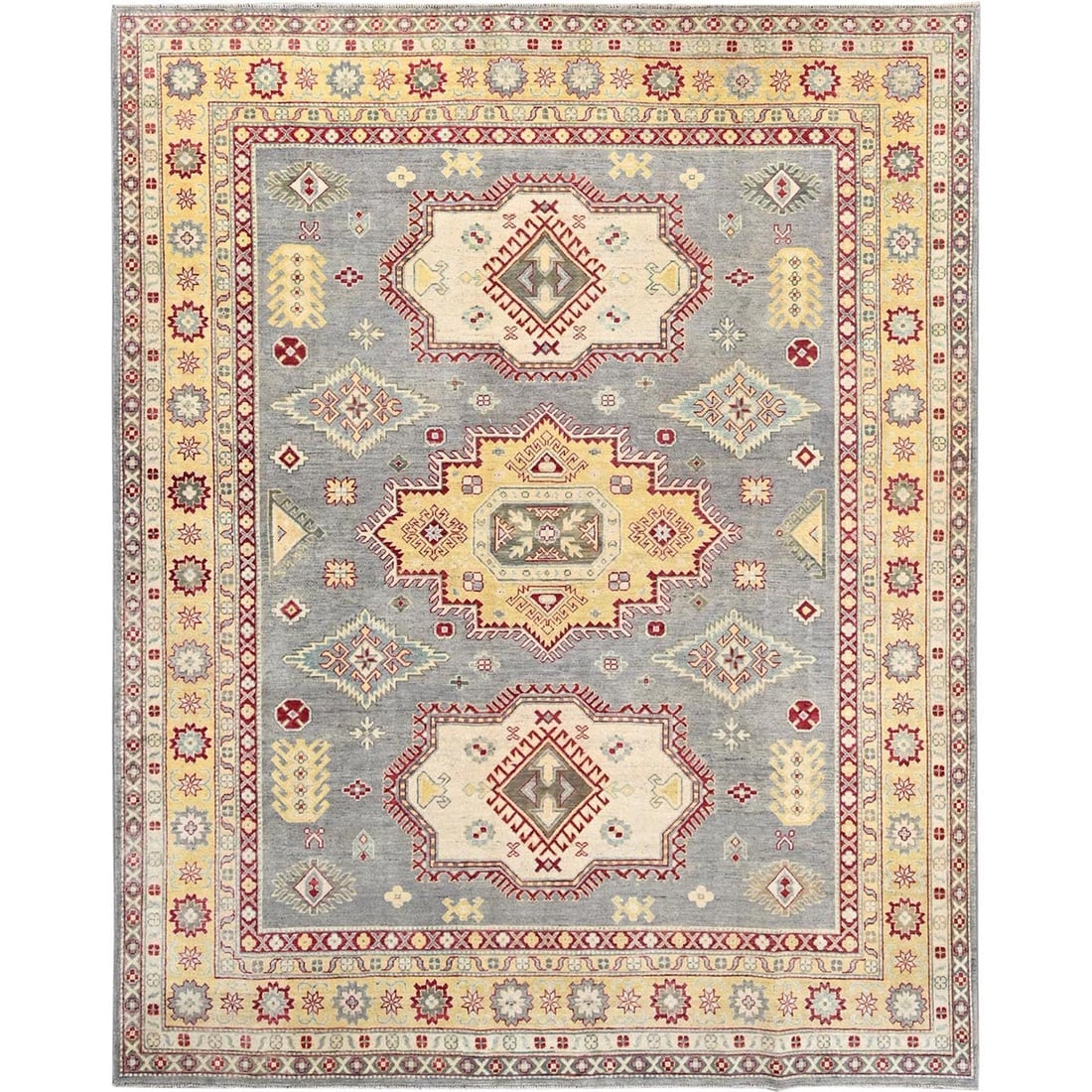 Alfalfa Gray Kazak Geometric Motifs Design 100% Wool Hand Knotted Rug: Title: Alfalfa Gray Kazak Geometric Motifs Design 100% Wool Hand Knotted Rug Description: This is a truly genuine one-of-a-kind. It has been Knotted for months and months in the centuries-old weaving