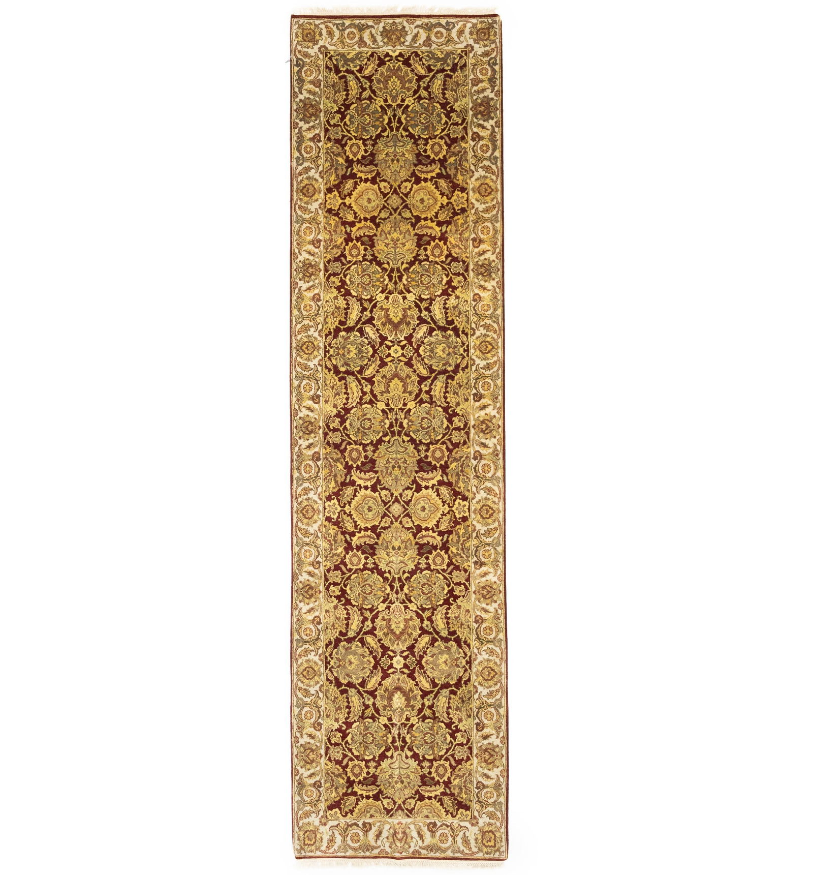 Maroon Red Floral Classic 3X12 Agra Jaipur Oriental Runner Rug: Title: Maroon Red Floral Classic 3X12 Agra Jaipur Oriental Runner Rug Description:Handmade 3X14 golden beige oriental runner rug made with vegetable dyes (fine wool pile and cotton foundation), except