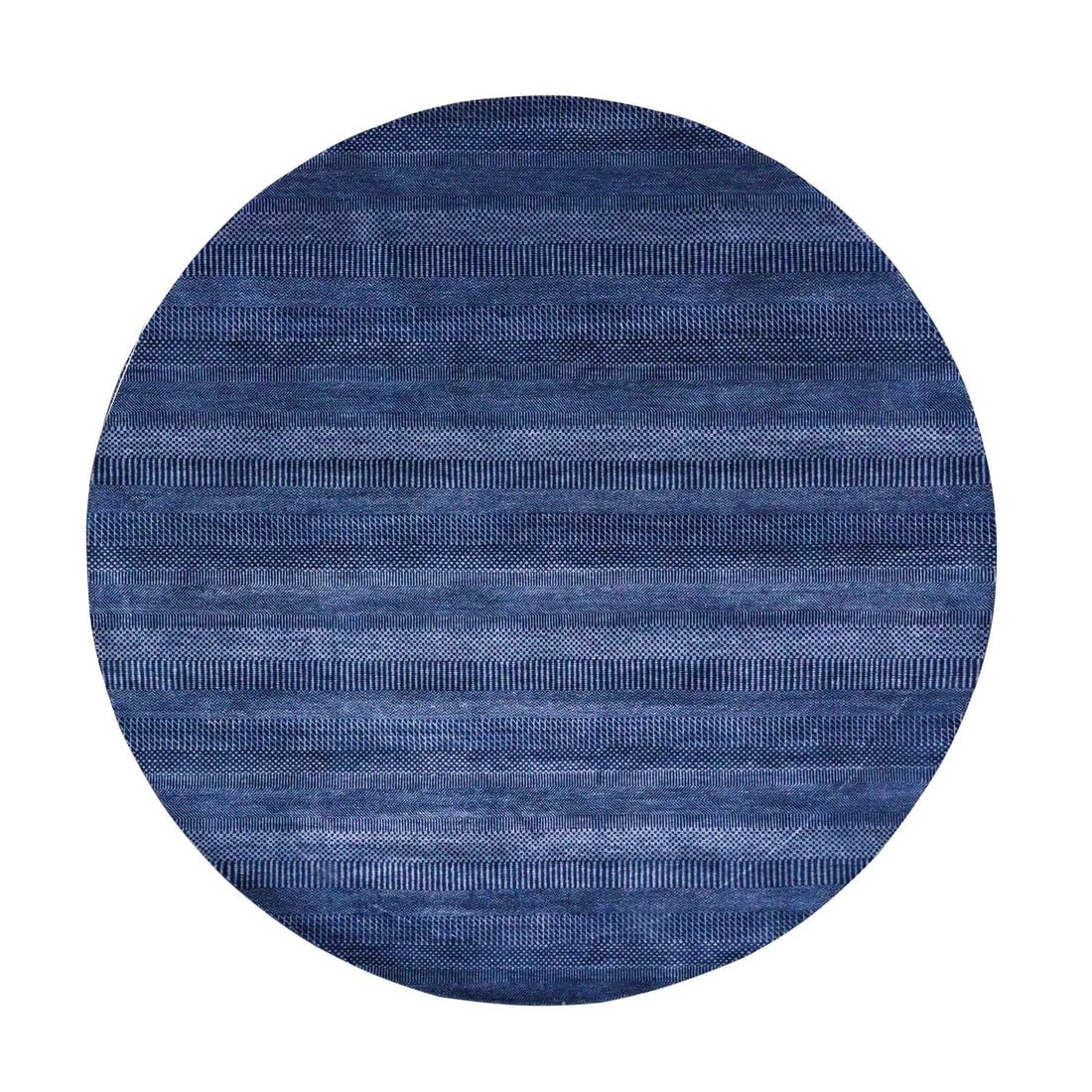 Blue, Wool and Silk Hand Knotted, Modern Grass Design Gabbeh Round Rug: Title: Blue, Wool and Silk Hand Knotted, Modern Grass Design Gabbeh Round Rug Description: This is a truly genuine one-of-a-kind. It has been Knotted for months and months in the centuries-old weaving