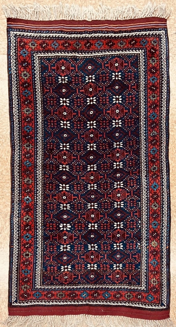 Antique Persian Balouch Tribal Rug Navy Hand-Knotted Wool Geometric 4' x 7'8" - 10