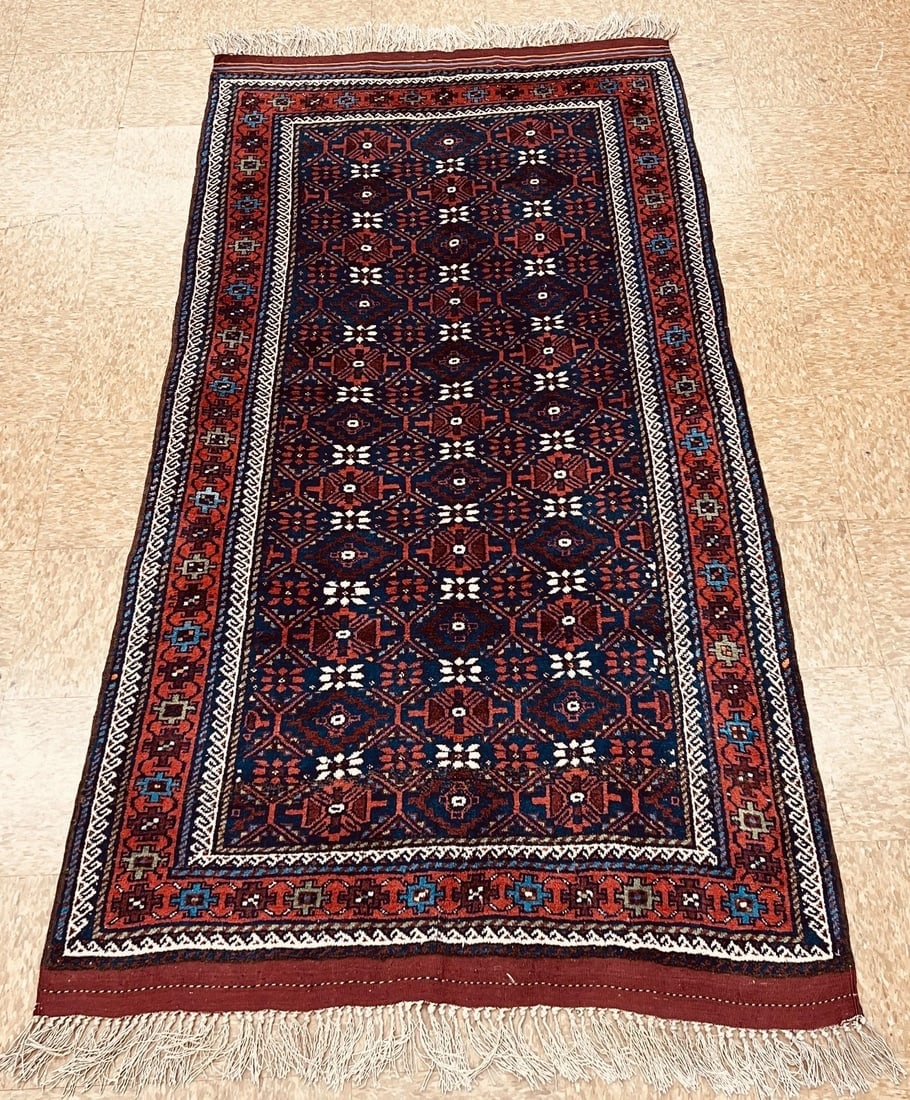 Antique Persian Balouch Tribal Rug Navy Hand-Knotted Wool Geometric 4' x 7'8" - 13