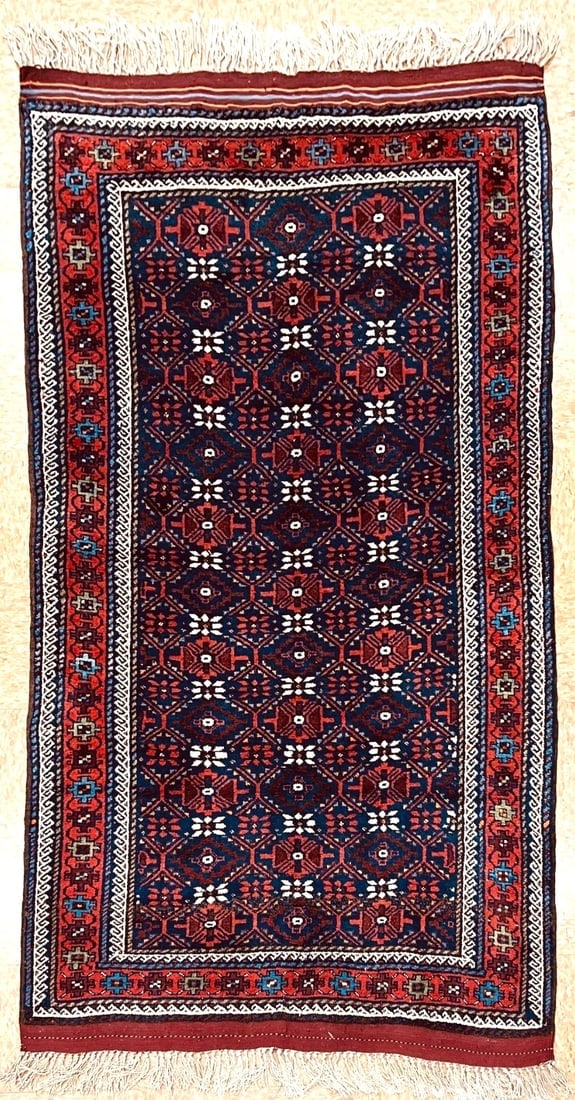 Antique Persian Balouch Tribal Rug Navy Hand-Knotted Wool Geometric 4' x 7'8"