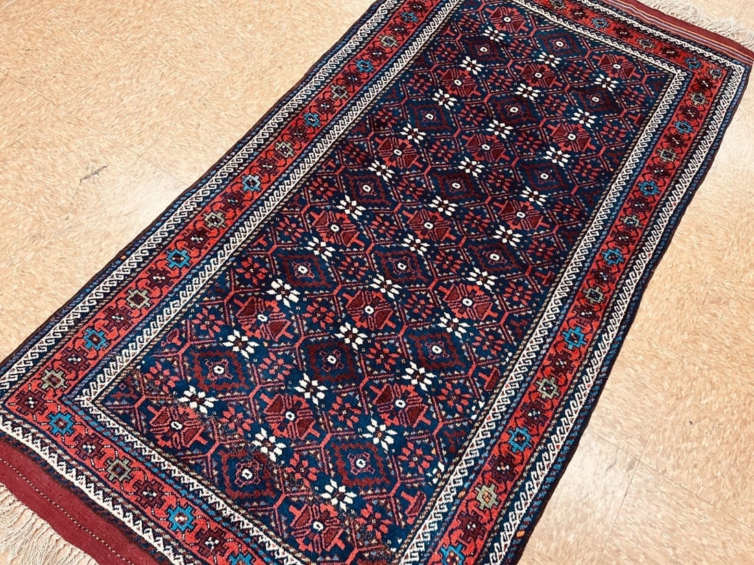 Antique Persian Balouch Tribal Rug Navy Hand-Knotted Wool Geometric 4' x 7'8" - 6