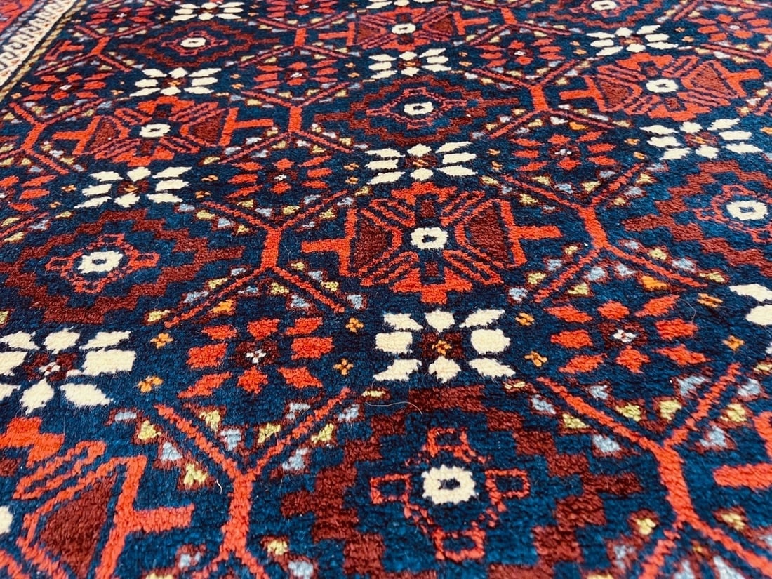 Antique Persian Balouch Tribal Rug Navy Hand-Knotted Wool Geometric 4' x 7'8" - 8