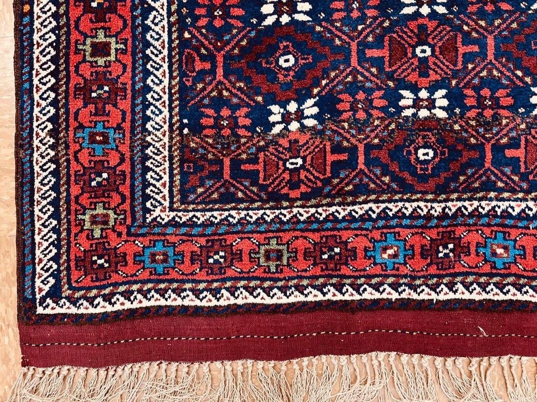 Antique Persian Balouch Tribal Rug Navy Hand-Knotted Wool Geometric 4' x 7'8" - 9