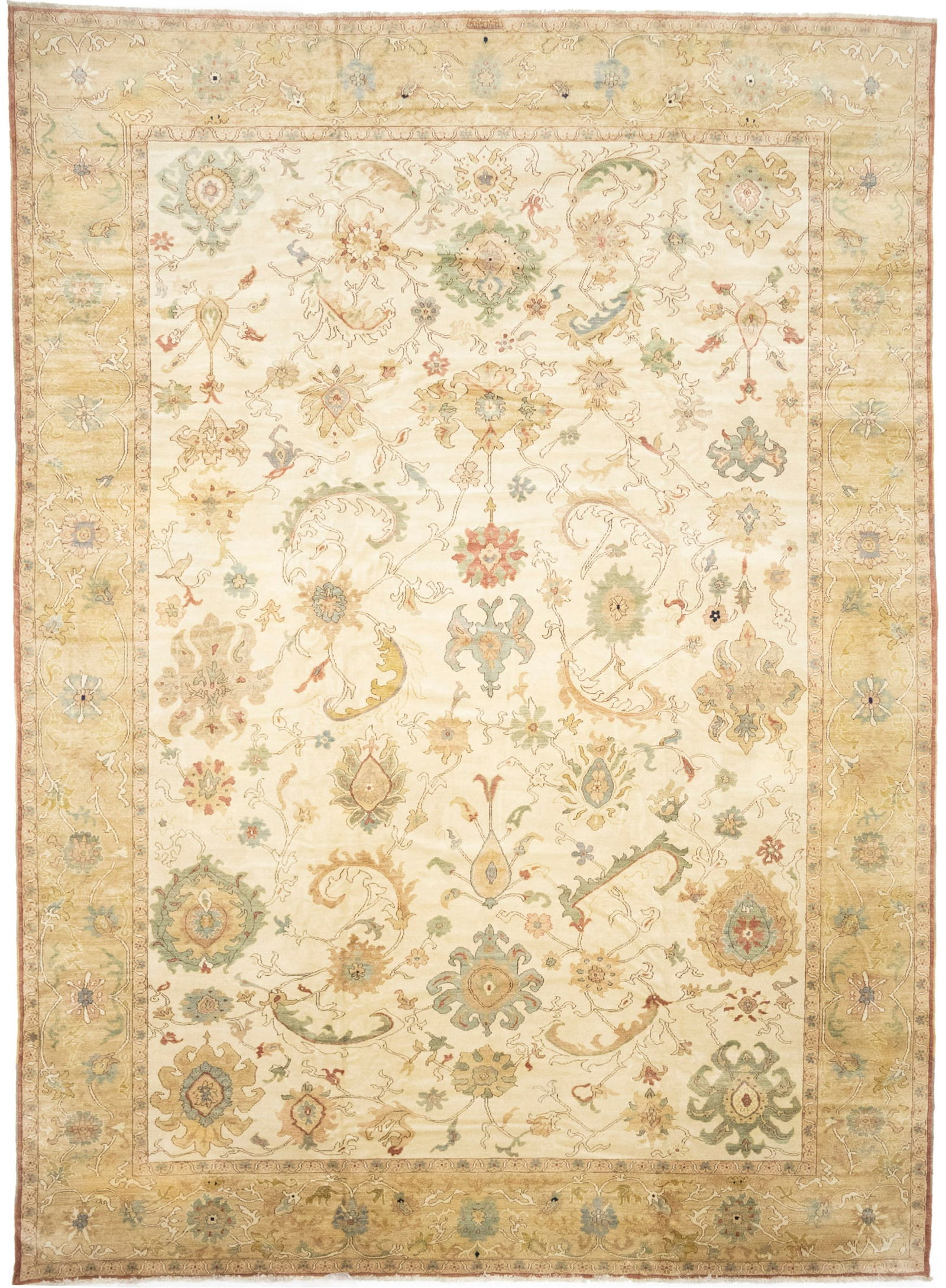 Cream Floral Oushak 12'6X17 Turkish Oriental Rug: Title: Cream Floral Oushak 12'6X17 Turkish Oriental Rug Description:Handmade 12'6X17 cream Oriental rug made with natural dyes (fine wool pile and cotton foundation), superior knot count, and appealin