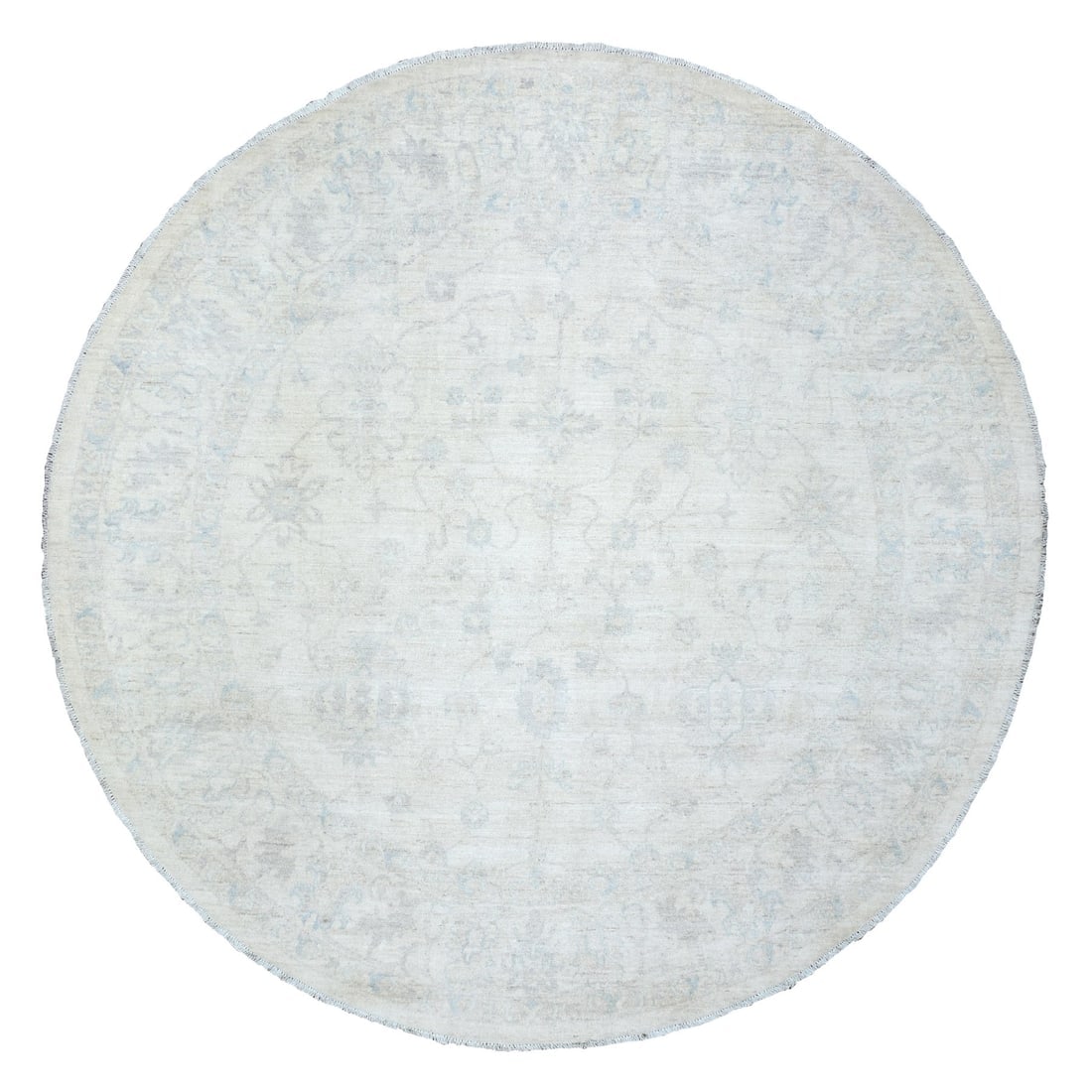 Ivory, White Wash Peshawar, Soft Wool Hand Knotted Round Rug: Title: Ivory, White Wash Peshawar, Soft Wool Hand Knotted Round Rug Description: This is a truly genuine one-of-a-kind. It has been Knotted for months and months in the centuries-old weaving craftsman