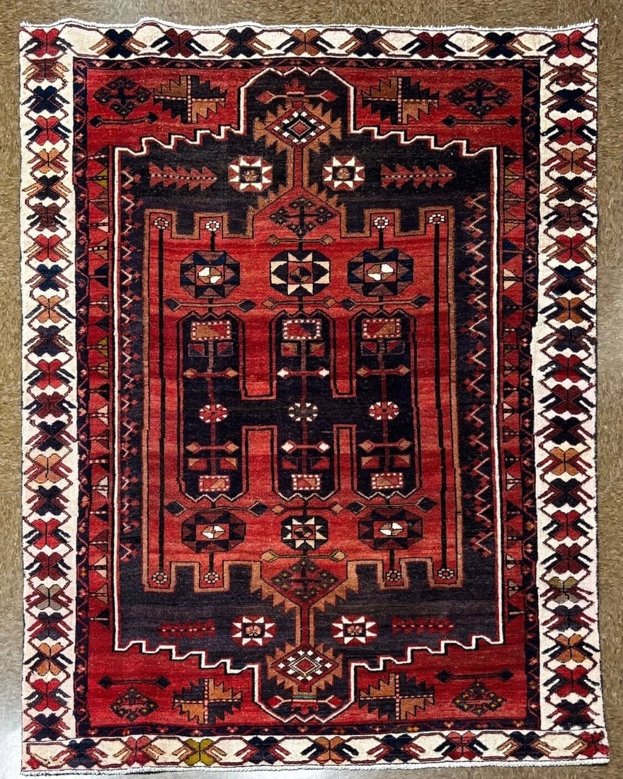 Hand-Knotted Persian Bakhtiari Tribal Geometric Wool Red Oriental Area Rug 5' x 6'11" - 12